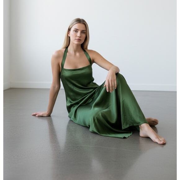 NWT Reformation Alli Green 100% Silk Halter Maxi Dress Size 12 Elegant Slip Gown - Picture 1 of 7